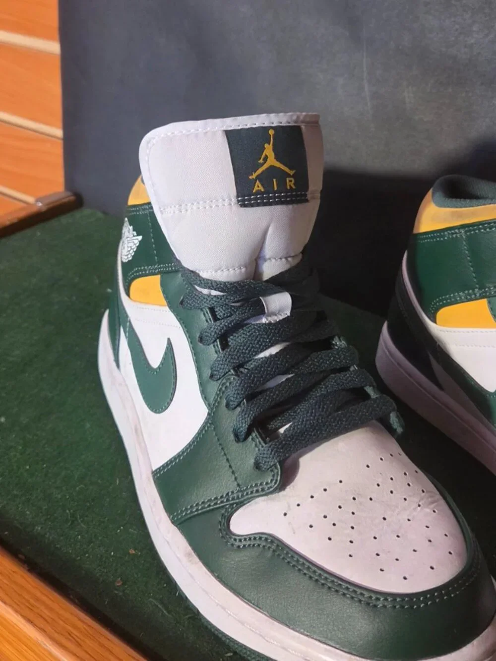 Air Jordan 1 Mid Green Gold White Sneakers